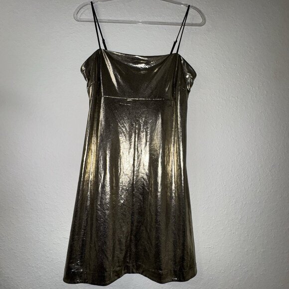 Urban Outfitters Silence + Noise Drita Dress Women’s L Gold Metallic Mini Slip - Picture 2 of 9